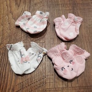 Gerber 4 Organic Cotton Baby Girl Mitts Mittens Pink Polka Dots Bunny Rabbits